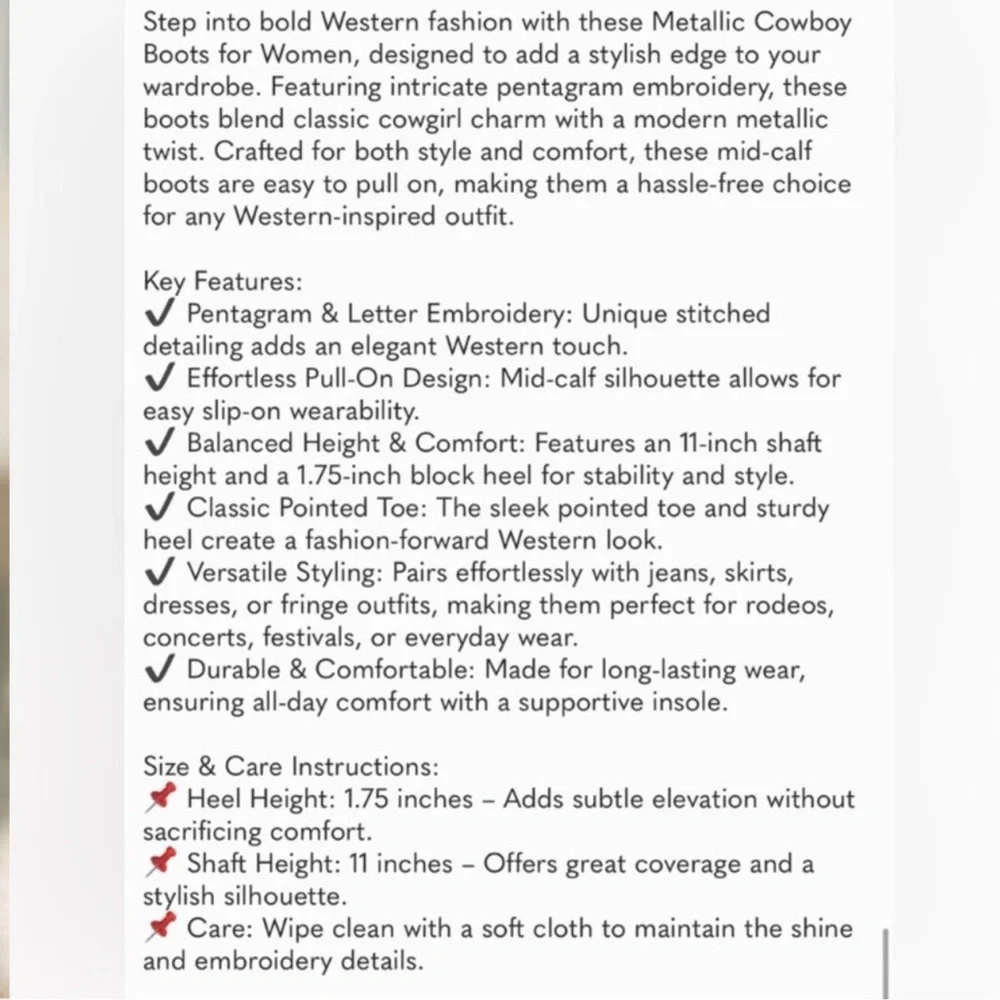 ⭐ Metallic Cowboy Boots for Women - Embroidered Mid Calf Western Cowgirl Boots - Picture 7 of 7